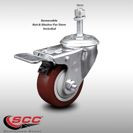 Service Caster 3.5 Inch SS Maroon Polyurethane 10mm Threaded Stem Caster Total Lock Brake SCC-SSTSTTL20S3514-PPUB-MRN-M1015